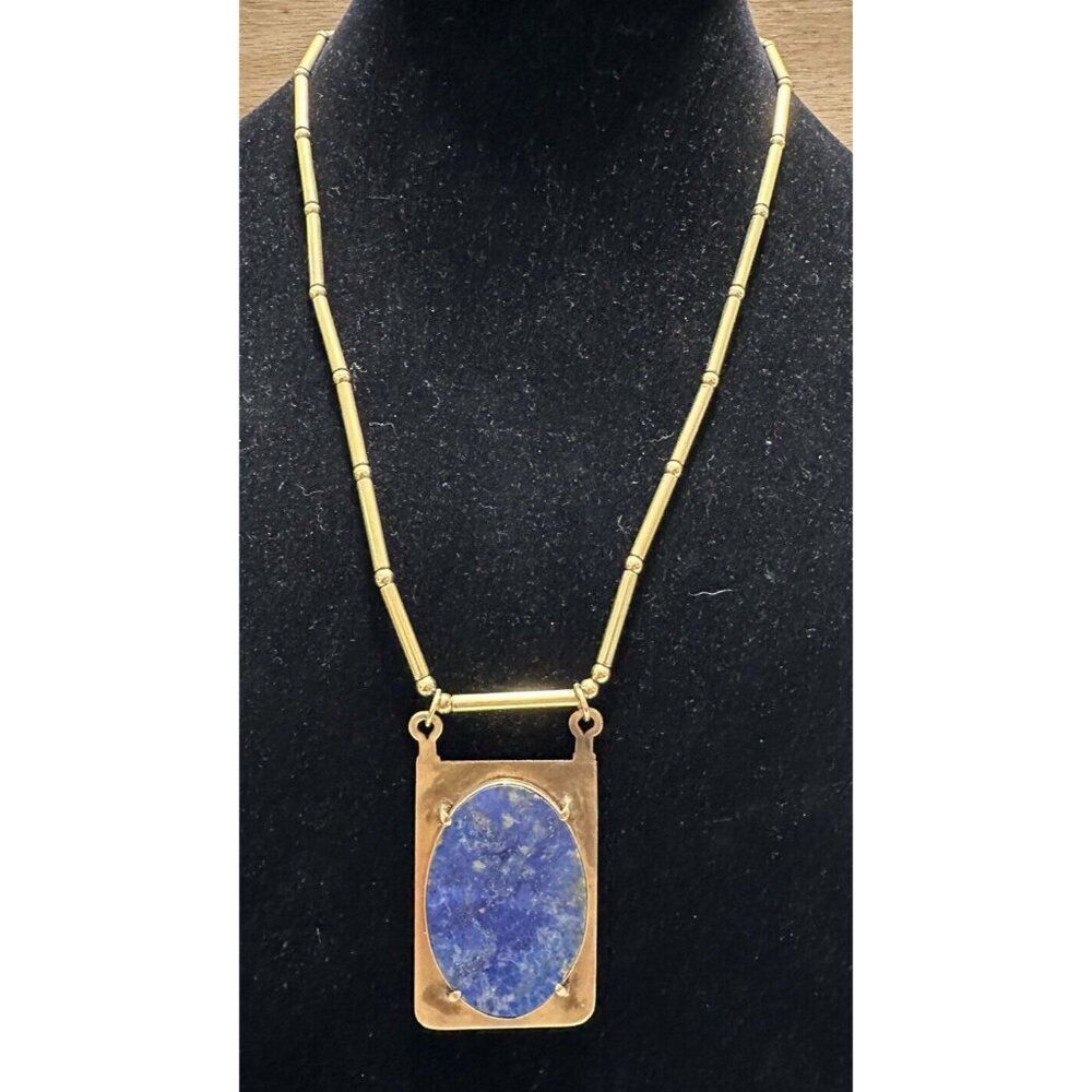 Vintage Artisan Goldtone Lapis Chunky Dangle Necklace Wisdom Intuition Truth